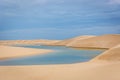 The colorful vast desert landscape of tall, white sand dunes and seasonal rainwater lagoons at the LenÃÂ§ÃÂ³is Maranhenses National