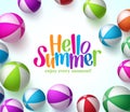 Colorful Vector Beach Balls Background in White with Hello Summer