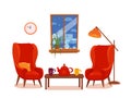 Colorful vector cozy interior illustration in cartoon flat style.