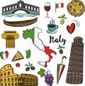 Set of hand drawn Italy icons, Rome set in vintage style