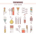 Colorful vector fireworks icons. Festival or party elements. Line carnival illustration. Firecracker set. Entertainment Royalty Free Stock Photo