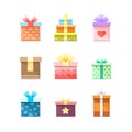 9 Colorful vector flat boxes with ribbons isolated on white background. Package, gift, present, happy birthday, party box set 2