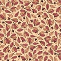 Colorful vector hand drawn pattern with autumn oak leaves and acorns on the beige background. Royalty Free Stock Photo