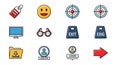 Colorful vector icon assortment featuring target, computer, exit, and other symbols. Royalty Free Stock Photo