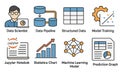 Colorful Vector Icons of Data Science Elements, Including Data Scientist and Machine Learning Royalty Free Stock Photo