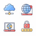 Colorful vector icons depict global network, cloud storage, online security Royalty Free Stock Photo