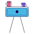 Colorful vector illustration of a blue flip chart with a red and a purple cup on top. Presentation equipment and office