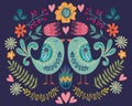 Colorful vector illustration with couple bird, flowers and folk design elements