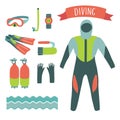 Vector illustration of diving elements set on white isolation background