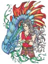 Colorful vector illustration with fantasy dragon and handsome warrior character