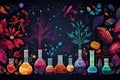 Colorful vector illustration with flowers, leaves and plants in bottles, Biological and science background, AI Generated