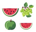 Colorful vector illustration of half a watermelon, a bunch of green grapes, a green apple, and a watermelon slice. Fresh
