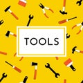 Vector illustration with hammer, nail puller, axe, saw, pliers, paintbrush, screwdriver. Home repair and work tools sign