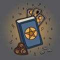 Colorful vector illustration with magic book, runes, Tarot and a pointer from a Ouija Board. Perfect for tattoos Royalty Free Stock Photo