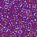 Colorful Vector Illustration of Music Notes Seamless Pattern with Purple Background Royalty Free Stock Photo