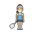 Tennis player girl pixel art on white background. Vector illustration. Royalty Free Stock Photo