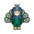 ÃÂ¡ute cartoon kid in peacock costume. Pixel art on white background. Vector illustration.