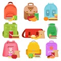 Colorful vector illustration of school kids bags and lunch food boxes in cartoon flat style.