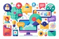Colorful vector illustration showcasing various forms of communication through digital platforms and social media Royalty Free Stock Photo