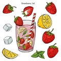 Cool strawberry drink in a glass Cup with ice and mint. Set with strawberry on white background.