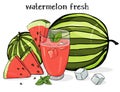 Watermelon and a cocktail on a white background.