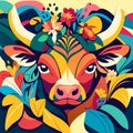 Colorful vector illustration of a stylized bull on a yellow background AI generated