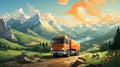 Colorful Vector Illustration of a Truck in Mountainous Landscape AI Generated