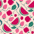 Colorful Vector Juicy Fresh Red Fruit Repeat Seamless Pattern