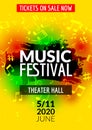 Colorful vector music festival concert template flyer. Musical flyer design poster with notes Royalty Free Stock Photo