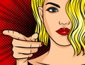 Colorful vector poster in pop art style. The girl points her finger at you. Beautiful young woman with red lips and blond hair sho