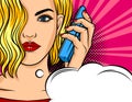 Colorful vector poster in the style of pop art. The girl speaks by phone. Beautiful young woman holding a telephone receiver near Royalty Free Stock Photo