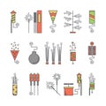 Colorful vector pyrotechnic icons. Firework explosion elements. Line petard salute illustration. Firecracker set