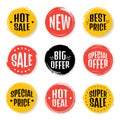Colorful Vector Sale Tags In Grunge Style. Big Sale,Sale, Special Offer,Super sale, Best Price,Huge Sale. Royalty Free Stock Photo