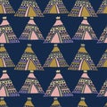 Colorful vector seamless pattern design of lined silhouettes of ancient pyramid house