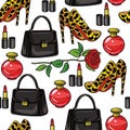 Colorful vector seamless pattern of female wardrobe items. Handbag, high-heeled shoes, perfume, flower, lipstick, isolated from wh Royalty Free Stock Photo