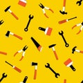 Vector seamless pattern with hammer, nail puller, axe, saw, pliers, paintbrush, screwdriver. Home repair and work tools sign