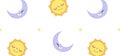 Colorful vector seamless pattern with the image of the moon, sun and stars in groove style