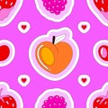 Colorful vector seamless pattern of peach, raspberry, strawberry on pink background. Summer juicy berries and fruit. A Royalty Free Stock Photo