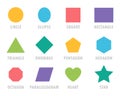 Colorful vector set of basic geometric shapes. Circle, triangle, star, hexagon, and more flat icons for learning Royalty Free Stock Photo