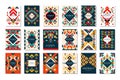 Colorful vector set of 9 card templates with geometric shapes. Abstract ethnic pattern. Elements for brochure, flyer or