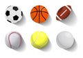 Colorful vector set of flying sport balls icons basketball, football, american football, baseball, tennis, golf. Flat Royalty Free Stock Photo