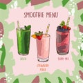 Green, Strawberry-Peach, Berry Mix smoothie set recipe. Menu elements for cafe or restaurant with energetic fresh drink. Fresh