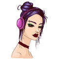 Colorful vector suiside girl sketch illustration of gothic girl with black eyes, brow, nose, lip piercing, hair bun.