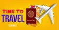 Colorful vector travel banner design with passport, airplane and tickets. Time to travel. Vector background.