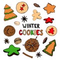 Colorful winter cookies sketch set