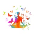 Colorful woman in the yoga pose background with butterflies. Vector illustration Royalty Free Stock Photo