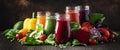 Colorful vegetable juices and smoothies from tomato, carrot, pepper, cabbage, spinach, beetroot in bottles on kitchen table, vegan Royalty Free Stock Photo