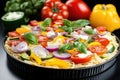 Colorful vegetable pasta salad with basil and fresh peppers Royalty Free Stock Photo