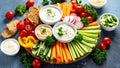 Colorful vegetable platter with dips and bread for healthy appetizer or snack Royalty Free Stock Photo