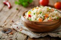 Colorful vegetable rice in wooden bowl, fresh ingredients. Healthy meal